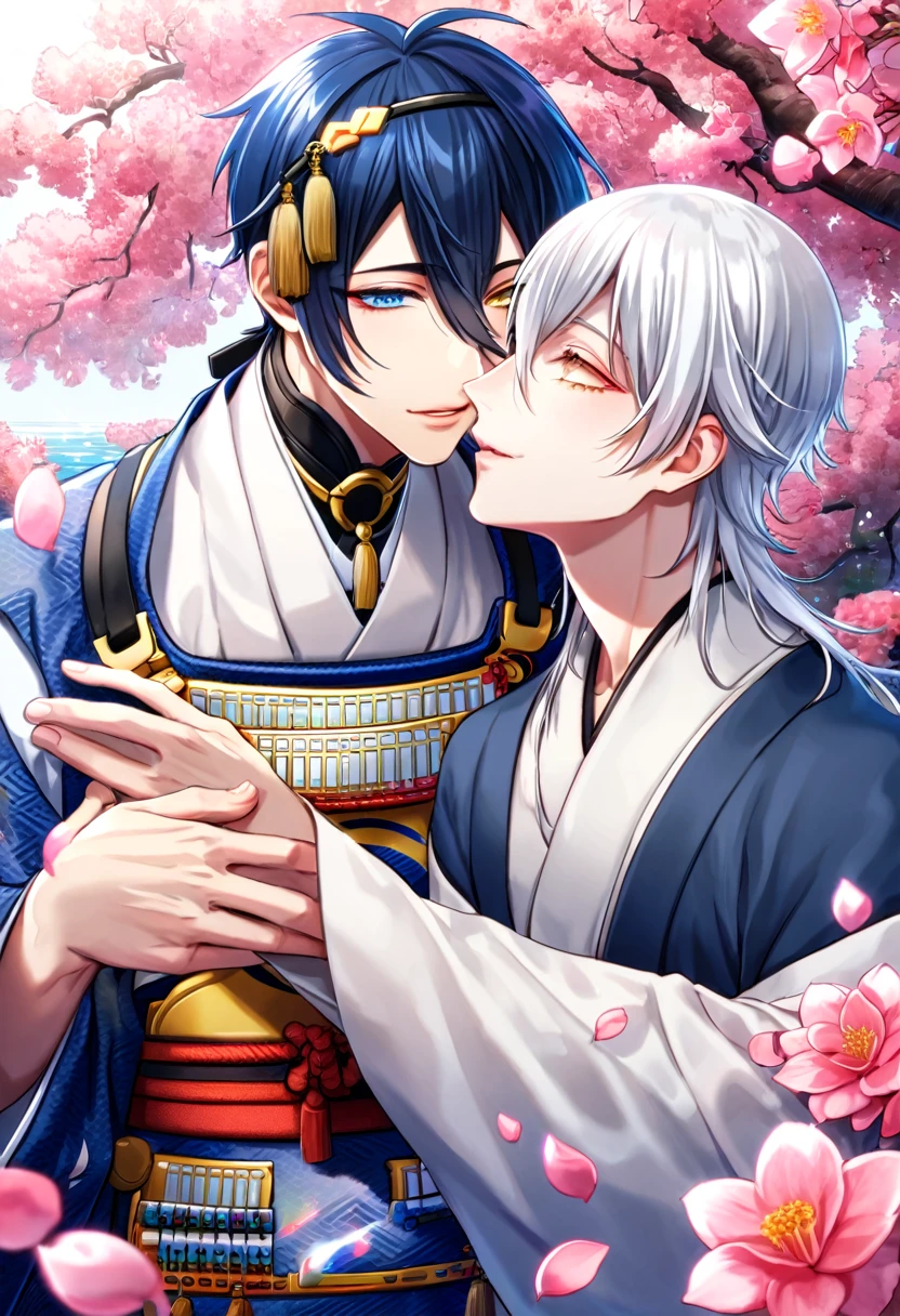 absurdres, highres, ultra detailed, HDR, master piece, best quality, Mikazuki Munechika, dark blue hair, expressive blue eyes, Touken Ranbu, Tsurumaru Kuninaga, white hair, expressive yellow eyes, white eyelashes, two sexy men together, gay couple, yaoi, handsome, dark blue kimono, white kimono, fantasy, shining, water, pink flowers, pink blossoms, pink butterflies, pink petals