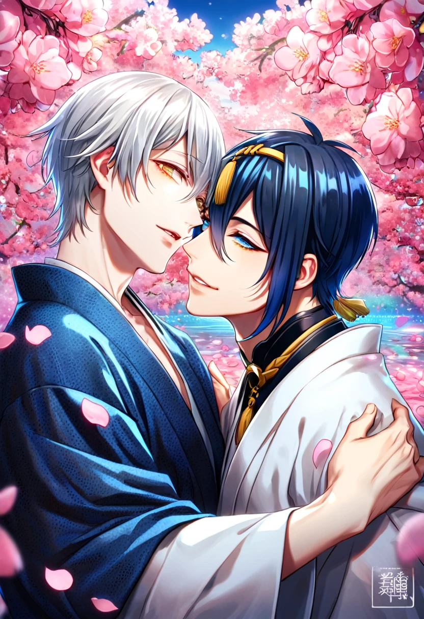 absurdres, highres, ultra detailed, HDR, master piece, best quality, Mikazuki Munechika, dark blue hair, expressive blue eyes, Touken Ranbu, Tsurumaru Kuninaga, white hair, expressive yellow eyes, white eyelashes, two sexy men together, gay couple, yaoi, handsome, dark blue kimono, white kimono, fantasy, shining, water, pink flowers, pink blossoms, pink butterflies, pink petals