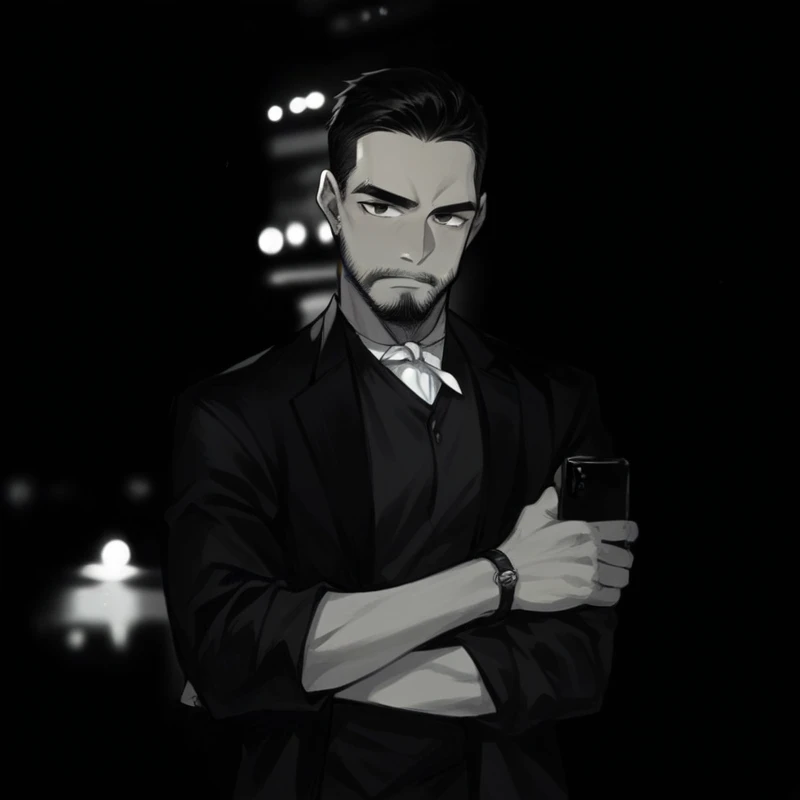 Typical successful Brazilian aesthetic man, 45 years old with beard, wearing black suit, white tie, holding a cell phone, brown skin color
