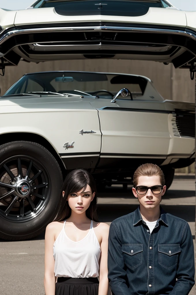 generate an image with a boy and a girl in front of a black 67 impala