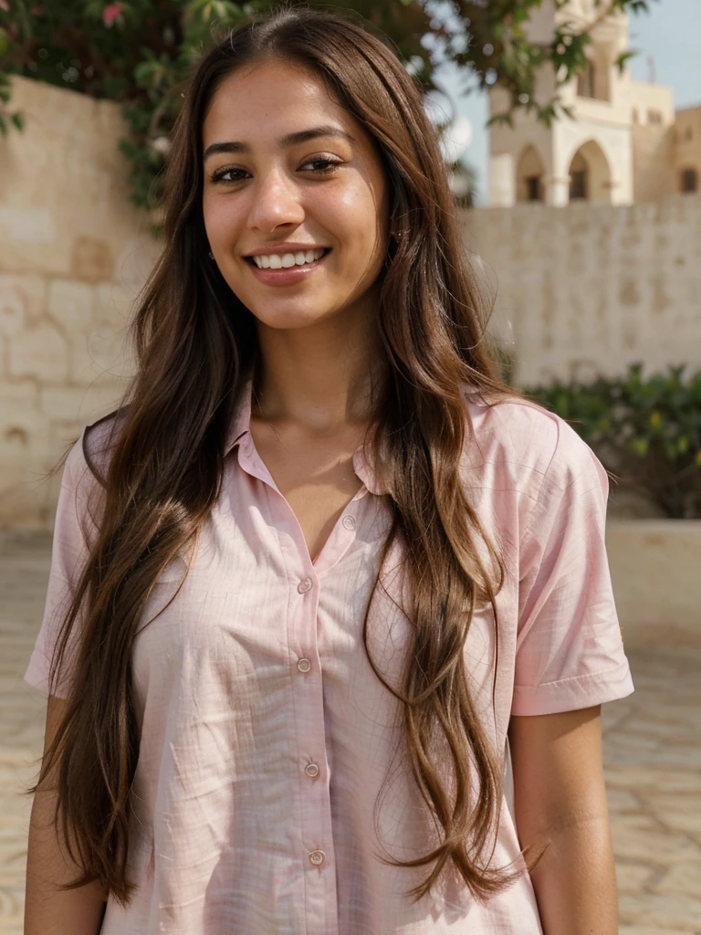 very high resolution, realistic Arab women, pink shirt, white teethes, cute smile, long brown hair, Jordan background, realistic facial details 