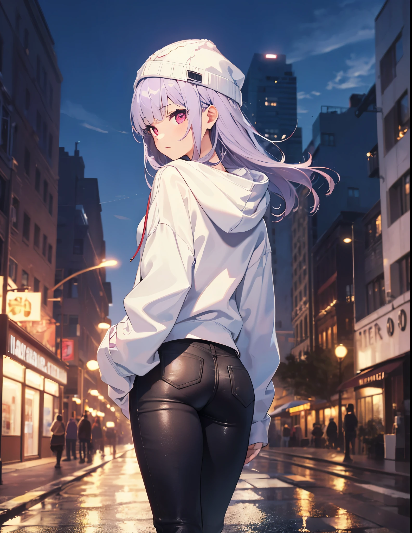 (close:1.3),Realistic,Highest quality, Very detailed, High-quality CG rendering, The most delicate and beautiful, Floating softly, High resolution, (1 Girl), (Highest quality,4K,8K,masterpiece:1.2), Light purple hair,Long Hair,Red eyes,(Pure white oversized hoodie:1.3),(Black skinny pants:1.3),(Pure white cap:1.3),In the city,old buildings,(whole body:1.3),(Turn your back to your audience:1.3),teeth