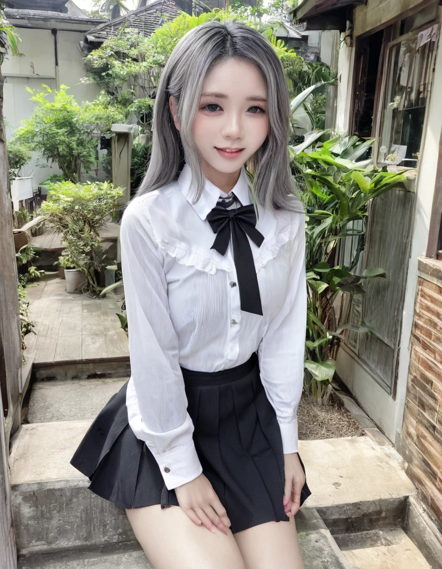 Araya, 1 girl, alone, long hair, blue eyes, Ahoge, bow, look at viewer, red bow, shirtแจ็กเกต, bowtie, long sleeve, chest, shirt, open shirtแจ็กเกต, red bowtie, door, Cowboy Shot, collared shirt, indoors, setนักเรียน, white hair, stand, เปิดshirtผ้า, skirt, smooth, set, grey shirtแจ็กเกต, black set, Blush, pleated skirt, Chapped lips, medium chest, pleated set, white shirt, hair between the eyes, white shirtแจ็กเกต, Raise your hand, shirtสูทแฟชั่น, black skirt, thigh, open door, Hallway