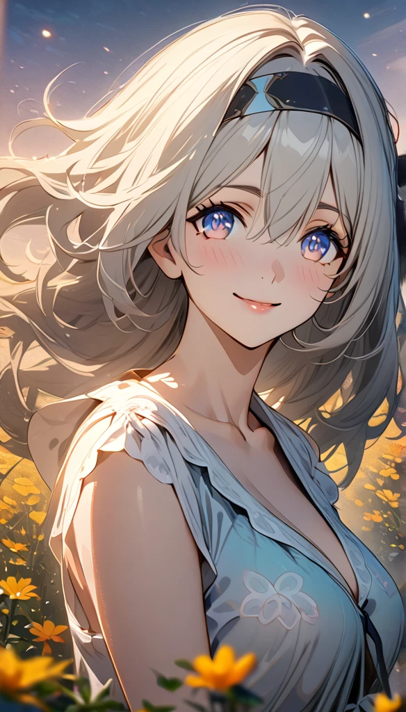 beautiful girl, long grey hair, beautiful face,smiling,close up to hips, beautiful breast, in the middle of flowers field, (open mouth:0.4),illustration,detailed textures(realists),ultra-detailed,portrait style,vivid colors,soft lighting, blushing, mature, hair fluttering, evening light , head band, half body, looking at viewer, cleavages, wearing beautiful night  sleepwear, side profile 