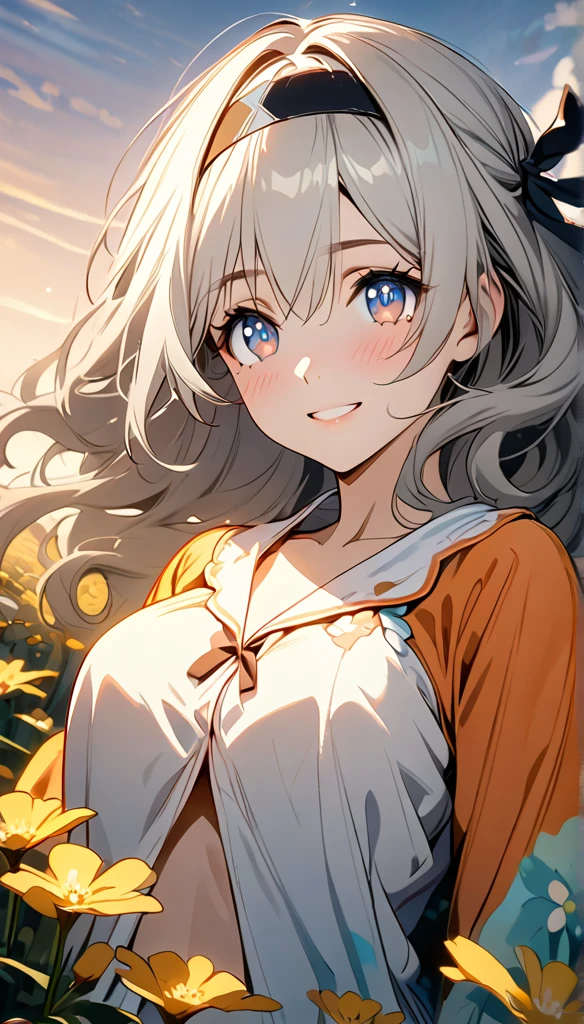 beautiful girl, long grey hair, beautiful face,smiling,close up to hips, beautiful breast, in the middle of flowers field, (open mouth:0.4),illustration,detailed textures(realists),ultra-detailed,portrait style,vivid colors,soft lighting, blushing, mature, hair fluttering, evening light , head band, half body, looking at viewer, cleavages, wearing beautiful night sleepwear, side profile
