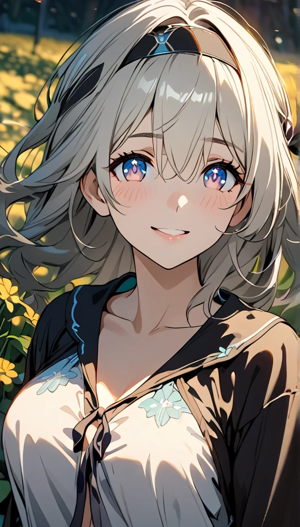 beautiful girl, long grey hair, beautiful face,smiling,close up to hips, beautiful breast, in the middle of flowers field, (open mouth:0.4),illustration,detailed textures(realists),ultra-detailed,portrait style,vivid colors,soft lighting, blushing, mature, hair fluttering, evening light , head band, half body, looking at viewer, cleavages, wearing beautiful night sleepwear, side profile
