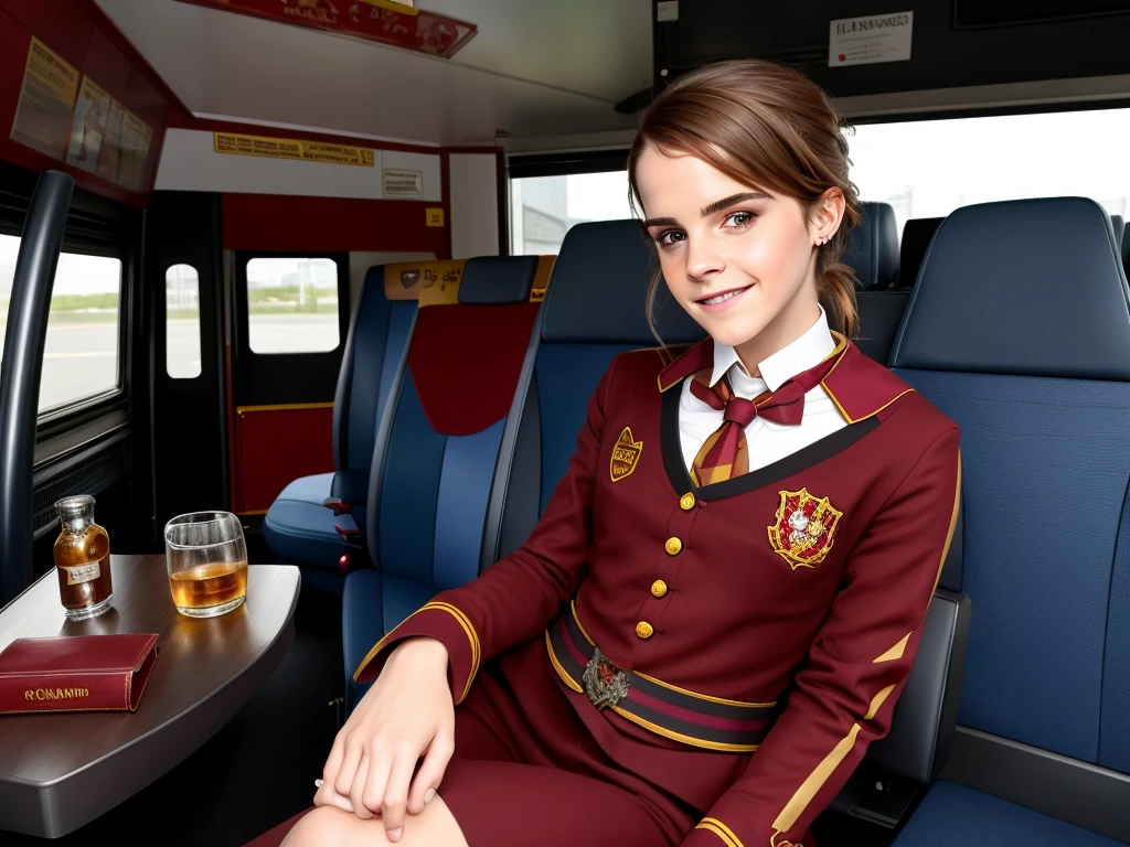 Emma Watson wearing gryffindor uniform from Harry potter sit on the driver cockpit seat of a modern bus. She is smiling and driving the bus, the bus has windows and door. She is holding a hemione granger wand