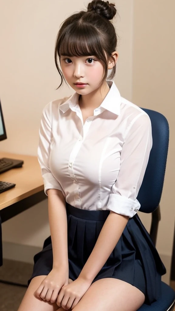 (Highest quality, 8K, masterpiece ), A 12-year-old junior high school student with a young face、Bun hairstyle、 Short Hairstyles、The eyes are large and clear、Large Breasts、Black Hair、My shirt is about to tear、Glamour thighs:1.2、satin button down shirt, Highly detailed face, double eyelid, Round face:1.2、whole body、Sexy thighs:1.2、Round face:1.3、Side angle,Diagonal horizontal angle:1.2、Pleated mini skirt、Sitting in a chair in a dark office at night with the lights out、A computer is placed in a dark office at night with the lights off.