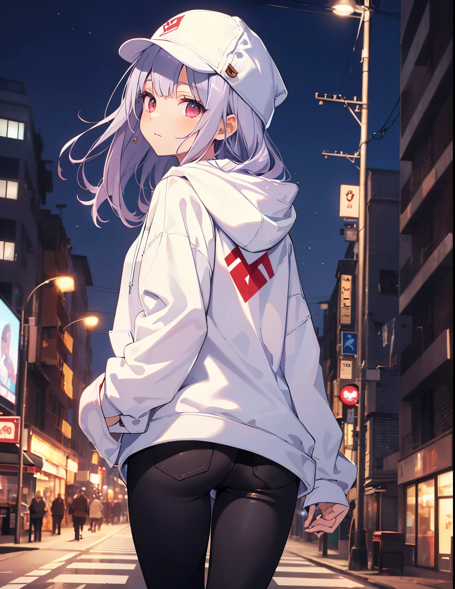 (Close-up:1.3),Realistic,Highest quality, Super detailed, High-quality CG rendering, The most delicate and beautiful, Floating softly, High resolution, (1 girl), (Highest quality,4K,8K,masterpiece:1.2), Light purple hair,Long Hair,Red eyes,(Pure white oversized hoodie:1.3),(Black skinny pants:1.3),(Pure white cap:1.3),In the city,old buildings,(whole body:1.3),(Turn your back to your audience:1.3),Butt