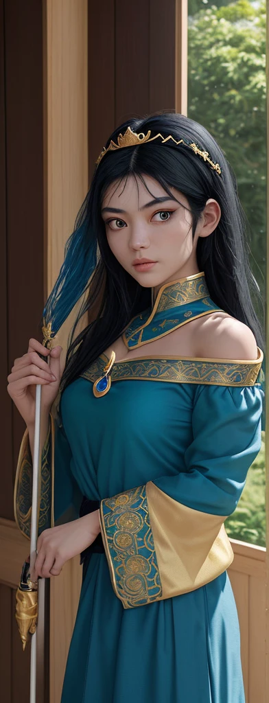 An oriental girl with a round face.
Her jet black hair is cut above her shoulders..
He wears a blue tunic with gold embroidery on the sleeves and bottom..
He wears a diadem with a green gem on his forehead and in his hand he carries a staff with a bluish crystal at the top..

In the background you can see the double reinforced wooden doors of some stone construction. 