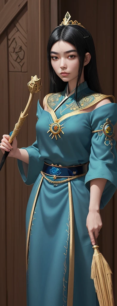 An oriental girl with a round face.
Her jet black hair is cut above her shoulders..
He wears a blue tunic with gold embroidery on the sleeves and bottom..
He wears a diadem with a green gem on his forehead and in his hand he carries a staff with a bluish crystal at the top..

In the background you can see the double reinforced wooden doors of some stone construction. 