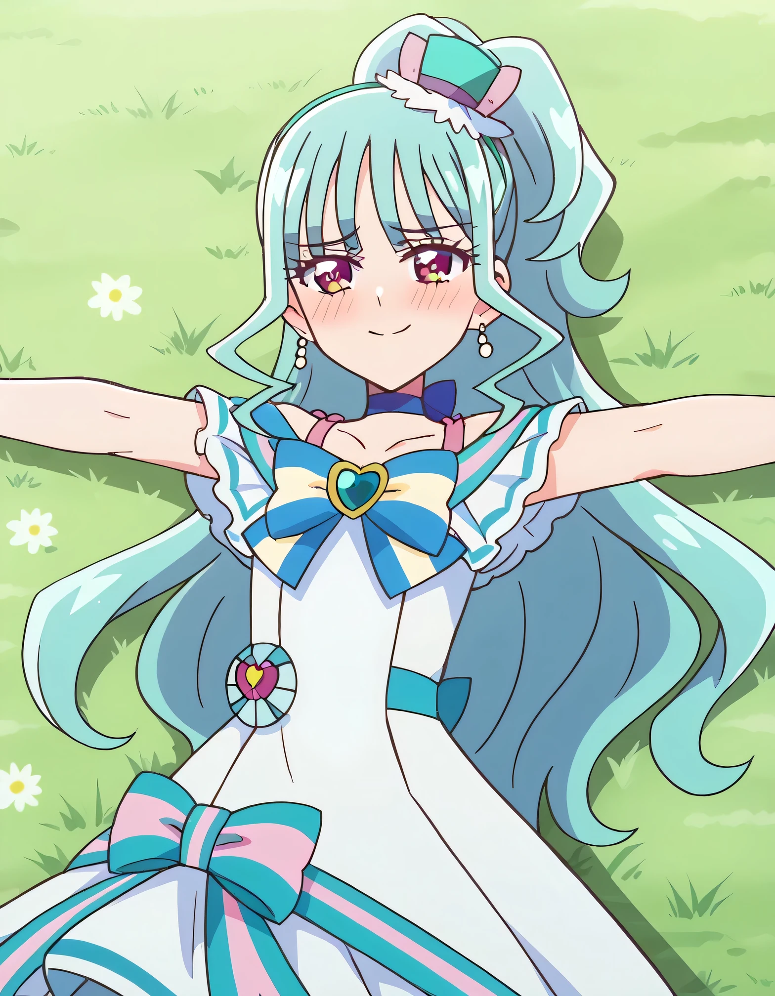 curelillian, shiny skin, high quality, solo, lying, on back, arms up, spread arms, closed mouth, on grass, cowboy shot, looking at viewer, nervous, blushing, smile, best quality, center,