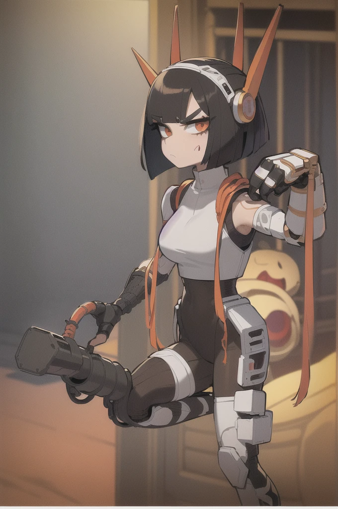 (masterpiece, ultra high quality), (standing:1.3), (1girl), (solo), (female focus), (Furry), (Anime art style), (Singular large red horn on the left side of her head), (half human/half snake hybrid female)), ((sexy pose), (Messy bob-cut with bangs), (big eyebrows), (snake tail) (Cute anime snake eyes), (mechanical limbs attached to limbless female body), (mechanical exosuit)