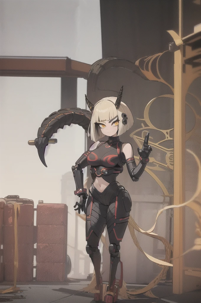 (masterpiece, ultra high quality), (standing:1.3), (1girl), (solo), (female focus), (Furry), (Anime art style), (Singular large red horn on the left side of her head), (half human/half snake hybrid female)), ((sexy pose), (Messy bob-cut with bangs), (big eyebrows), (snake tail) (Cute anime snake eyes), (mechanical limbs attached to limbless female body), (mechanical exosuit)