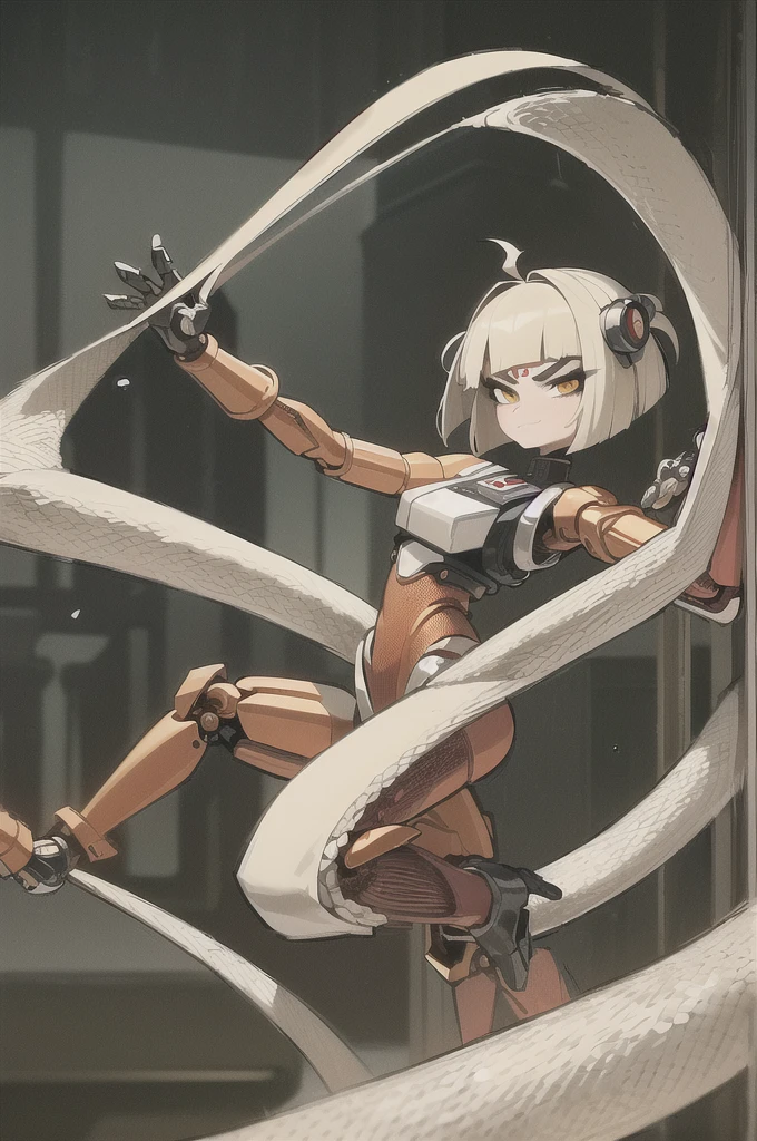 (masterpiece, ultra high quality), (standing:1.3), (1girl), (solo), (female focus), (Furry), (Anime art style), (Singular large red horn on the left side of her head), (half human/half snake hybrid female)), ((sexy pose), (Messy bob-cut with bangs), (big eyebrows), (snake tail) (Cute anime snake eyes), (mechanical limbs attached to limbless female body), (mechanical exosuit)