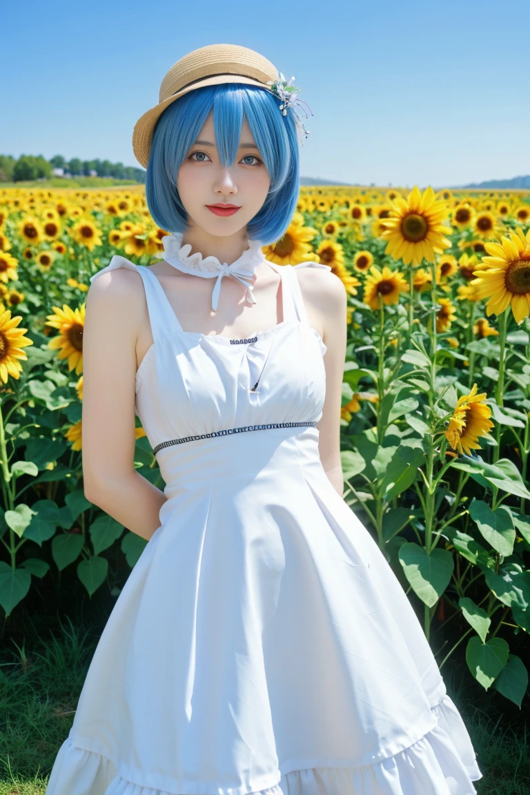 best quality,tmasterpiece,Ultra-high resolution,Clear face,(Reality:1.4),(RAW photo),cold light,(upper body photo:1.5), (photorealistic:1.50), anime wallpaper, Guviz style artwork, fantasy close-up to magic, by Yang J, Guviz, beautiful artwork illustration, beautiful digital artwork, beautiful digital illustration, Li Song, beautiful anime portrait, art style at Beauvot, 1girl,rem(re-zero),blue_eyes,blue_hair,blue_sky,blush,cloud,day,dress,field,flower,flower_field,from_side,hair_between_eyes,hair_flower,hair_ornament,hat,hat_flower,hat_ribbon,lens_flare,looking_at_viewer,open_mouth,outdoors,pink_flower,plaid,plaid_ribbon,ribbon,short_dress,short_hair,shoulder_blades,skirt_hold,sky,sleeveless,sleeveless_dress,独奏,standing,strap_gap,straw_hat,sun_hat,sundress,sunflower,sunflower_field,white_dress,yellow_flower,yellow_hat,