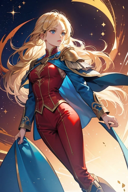 SHE has shoulder-length blond hair and blue eyes, . SHe wears a long blue coat and matching capelet, with red pants and brown boots. SHe is often depicted with a rose  SPARKLE; GLITTER