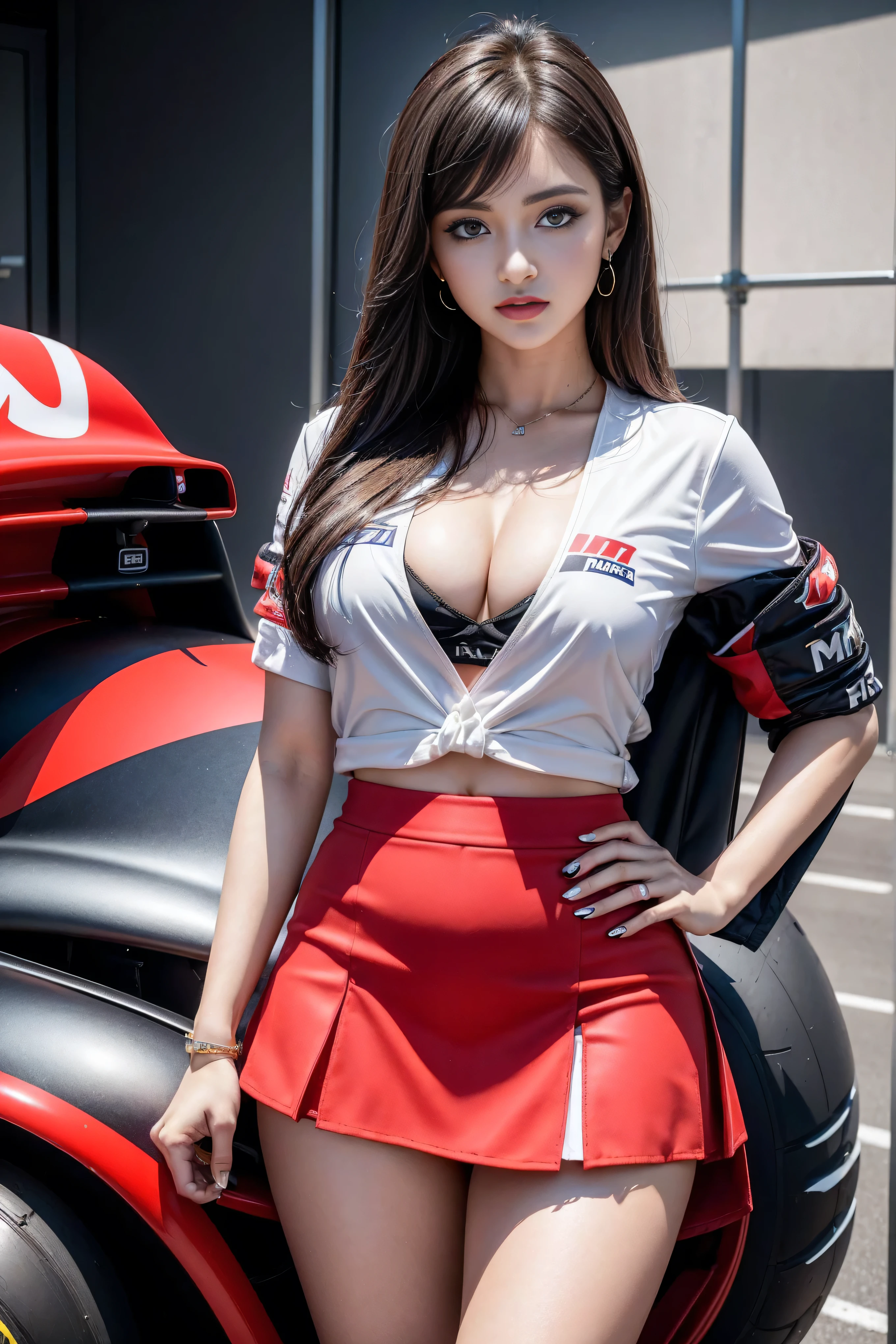 (masterpiece), ( MotoGP Racing Girls), (Eyeliner:0.5),(blush:0.5), Black Hair, A faint smile, Refers to a beautiful and delicate girl, Extremely detailed eyes and face, Beautiful and delicate eyes, , ((MOTOGP events)), (MotoGP track background), (best quality, high resolution, Reality, original, 8K,masterpiece, ),(((Dynamic poses))),(((Mid-abdomen peek))),(((Show under chest ))),(((Red  Lift))),((( inner thighs))),(((Formula One car on display))), (Bright colors:1.2), (Beautifully),