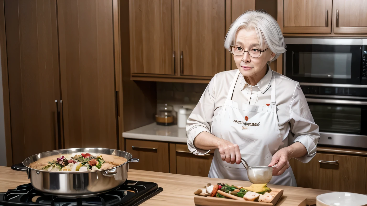 a single elderly woman with white hair wearing glasses and a cooking apron serving the rectangular table full of food