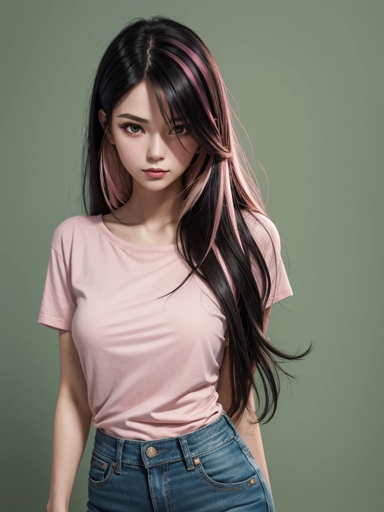 girl 25 years old, portrait, Medium breasts, slim, long black hair with pink highlights, bang, Is it juniper, hot, Soft or colored lips, Russian, short green shirt, loose jeans, simple background, flat colors, perfect hands, Ideal Anatomy,