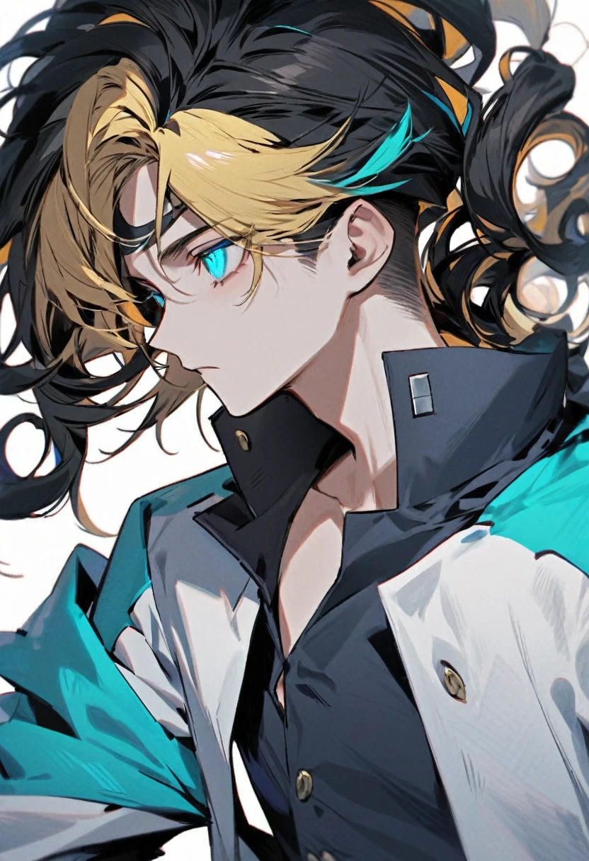 Yuzo is a 16-year-old young boy he is a cool headed introverted and reserved boy with bright small glossy turquoise eyes had a lot of detail to them making it seem as if he had sharp eyes, with unruly black hair, blond shaven temporal sides as his hair reached the bottom of his neck in with a stringy curly texture as his hair was curling up on the ends and the front was pushed upfront with some longer locks hanging down to his face his hair styled in a undercut fashion which showed more of his face and forehead and covered less of the front part of his face and eyes, despite this he had very attractive and handsome appearance*)
- (*Yuzo wore his version of the jujutsu high uniform he wore a a white long sleeve gakuran-style high collared close left-over-right jacket with two swirl golden decor buttons attached to it with the shirt slightly tucked into navy blue slim button pants with a maroon belt around his waist flapping loosely off his hip