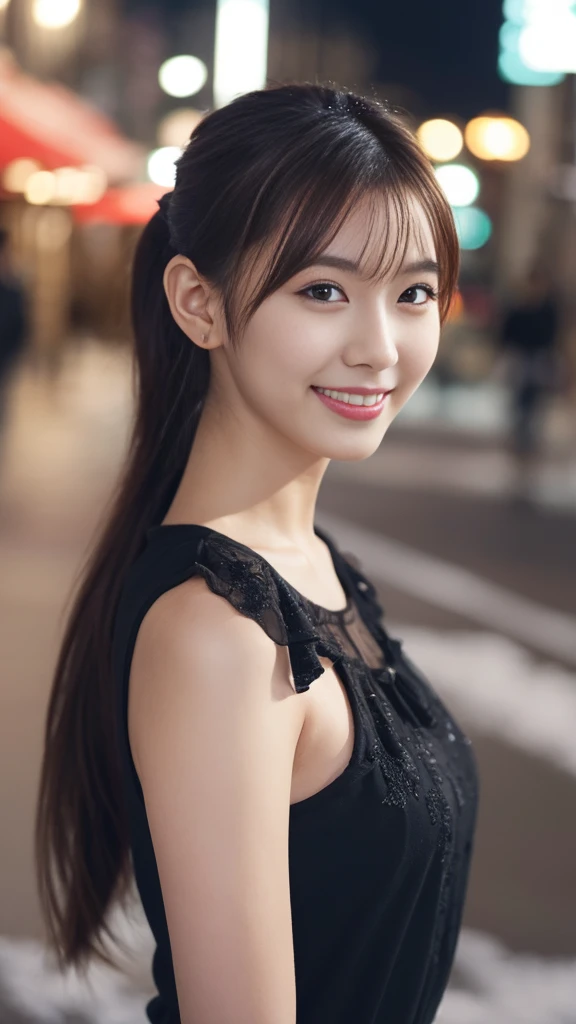 1 Girl, (Wearing a black blouse:1.2), Beautiful Japanese actresses, (ponytail:1.3),
(RAW Photos, Highest quality), (Realistic, Photorealistic:1.4), masterpiece,
Very delicate and beautiful, Very detailed, 2k wallpaper, wonderful,
finely, Very detailed CG Unity 8K 壁紙, Very detailedな, High resolution,
Soft Light, Beautiful detailed girl, Very detailed目と顔, Beautiful and detailed nose, Beautiful and detailed, Cinema Lighting,
break
(Snowy night cityscape as background 1.3), City lights,
Perfect Anatomy, Slender body, smile, Face the front completely, Looking at the camera