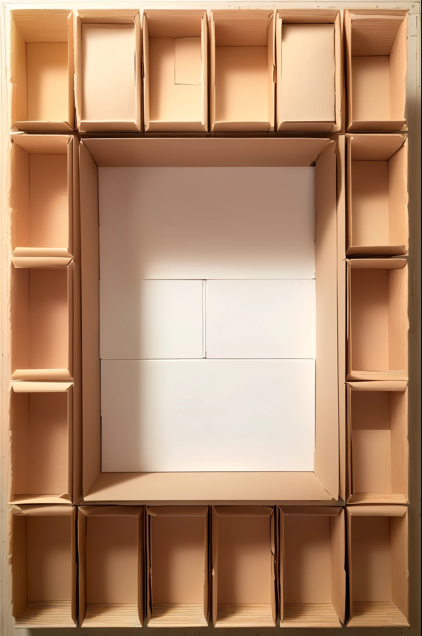 there is a Brown color Cardboard box picture of a square cardboard box shelf with a square design, Empty cardboard box, no contents inside the cardboard, inside a frame on a tiled wall, inspired by Rachel Whiteread, in a cardboard box. top down photo, top - view, layout frame, simple ceiling, rectangular piece of art, set photo, by Rachel Whiteread, inside its box, all inside frame, with everything in its place