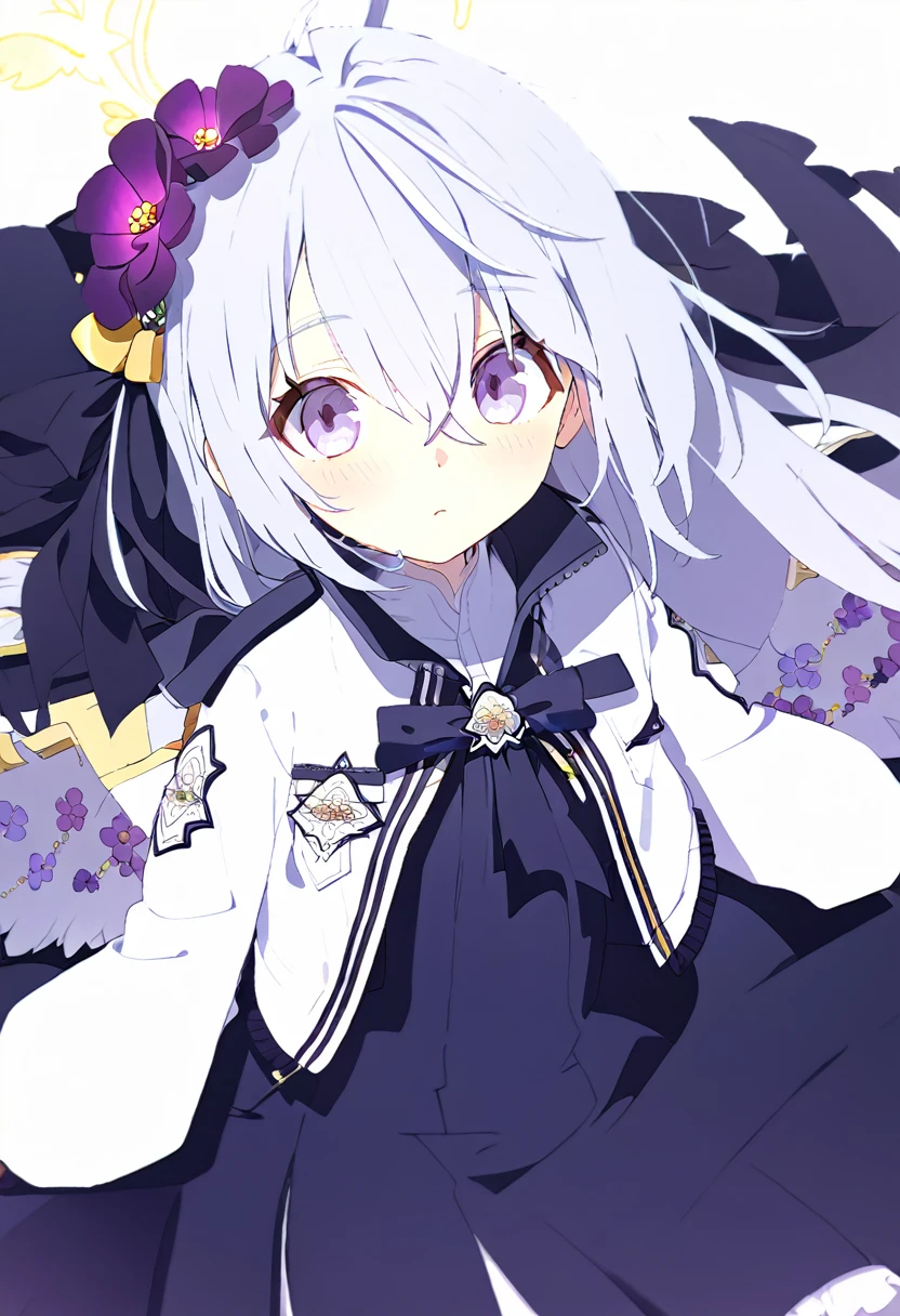 blue_archive azusa_(blue_archive) highres 1girl angel_wings black_dress blush closed_mouth cowboy_shot dress feathered_wings flower grey_hair hair_between_eyes hair_flower hair_ornament halo jacket long_hair long_sleeves open_clothes open_jacket purple_eyes purple_flower simple_background solo white_background white_jacket white_wings wings yellow_halo