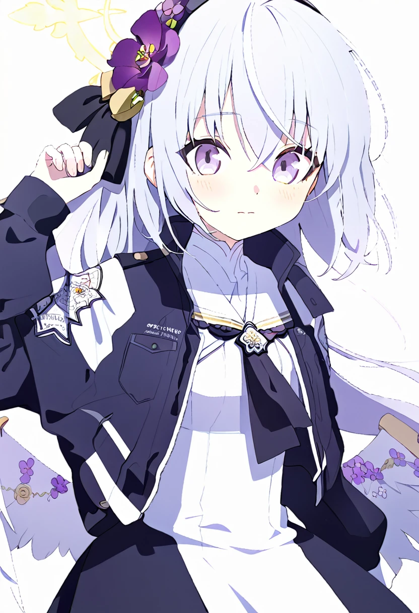 blue_archive azusa_(blue_archive) highres 1girl angel_wings black_dress blush closed_mouth cowboy_shot dress feathered_wings flower grey_hair hair_between_eyes hair_flower hair_ornament halo jacket long_hair long_sleeves open_clothes open_jacket purple_eyes purple_flower simple_background solo white_background white_jacket white_wings wings yellow_halo