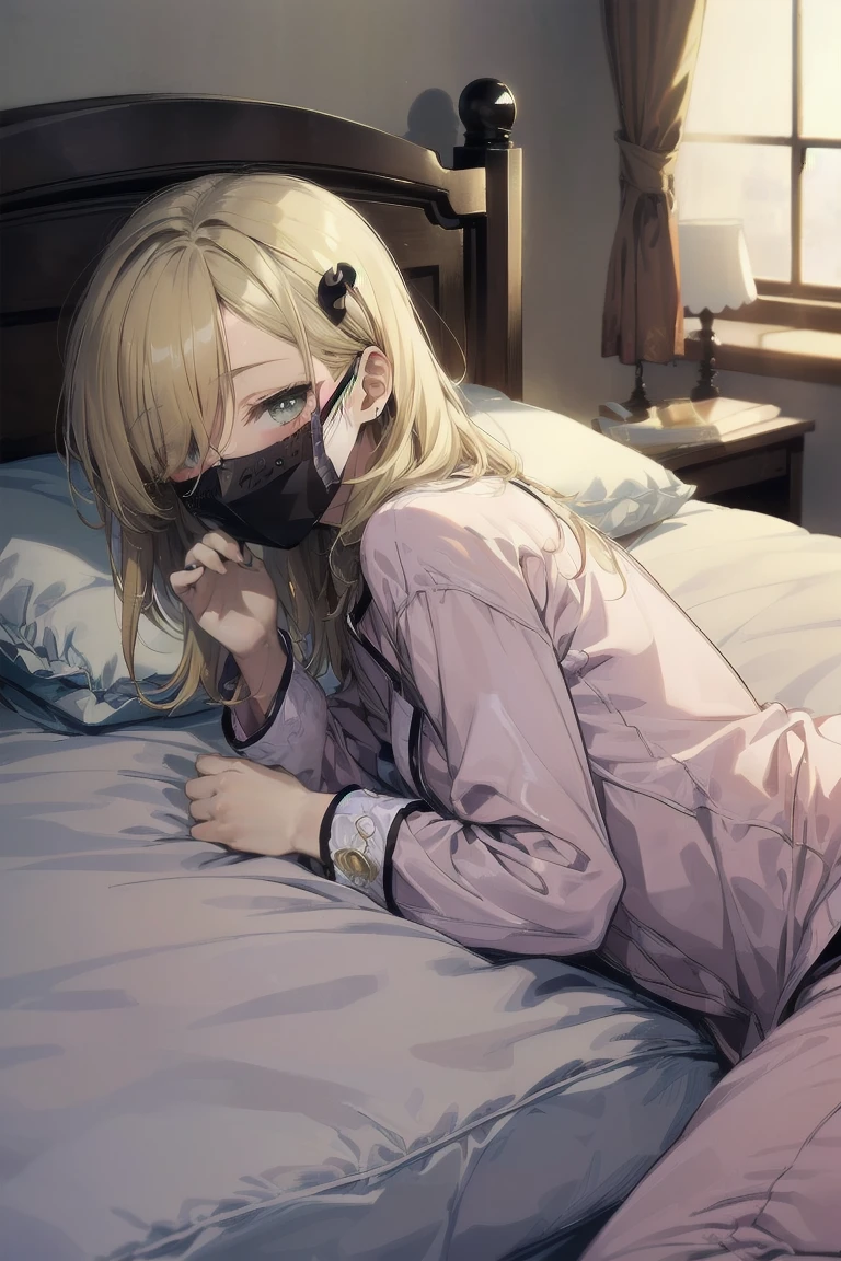 (white mouth mask:1.5),(closed eyes), (lie on bed:1.5),Highest quality, Anime Moe Art Style,Best Anime 8K Konachan Wallpaper,Perfect Anatomy, (One Girl:1.5), (alone,:1.8),high school student, short hair, (Straight hair:1.6),(Medium chest),(Blonde:1.8),Complete limbs, Full Finger,medium breast,Small eyes,Accurate blue eyes, (hair over one eye:1.5),Hair Clip, Very detailed,High resolution,Very detailed肌, Professional Lighting,8K eye detail, (Cute illustrations:1.2), (indoor),(Cute Girl's Room:1.4),(modern and sophisticated furniture:1.2),(plush velvet chair and ottoman:1.4),(elegant curtains and window treatments:1.2),(Designer Fashion:1.4),(Instagrammable fashion photo corner:1.2),(unique framed statement mirror:1.4),
(fashion runway style rug:1.2),(Customized closet filled with trendy clothes:1.2),(gorgeous dressing table:1.2),(Fashion Magazines:1.2),(Cute decoration:1.4),(chic lighting fixtures:1.4),(comfortable and stylish bedding:1.4),(Specialized area for fashion accessories:1.3),(高级饰品:1.2),(fashion sketch and design book:1.2),(bed:1.9),(ankle socks:1.2),nose blush ,A girl lying in bed with a cold with her head on the pillow, cute, detailed drawing, under art,
1 girl, bangs, bed, blush, sweat, cold, blond hair,(pajamas:1.5), indoors,lying on back, pillow, side lock, sleeping, on futon, on futon sleeping face to face,