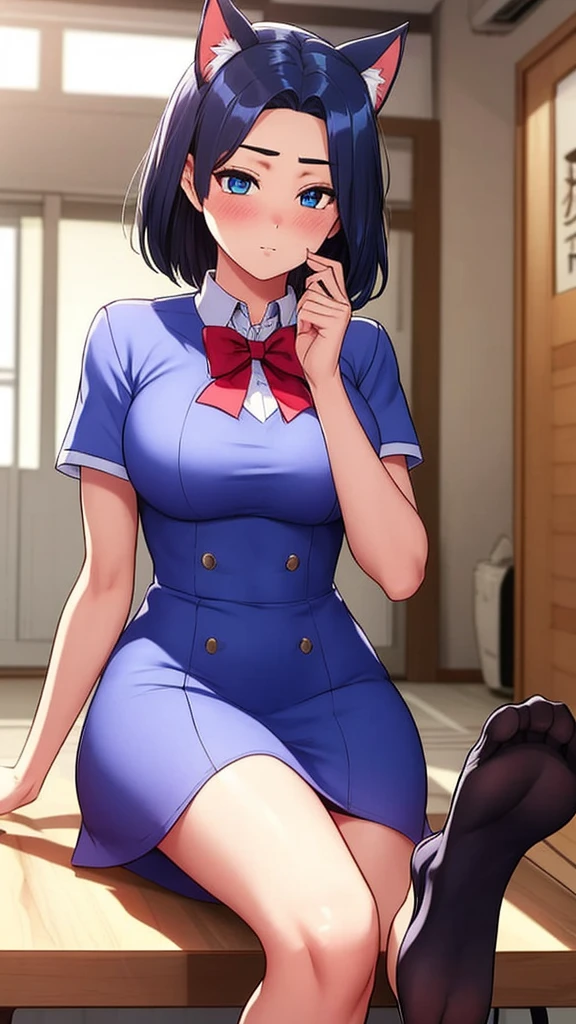 1 Girl，医用Eye mask，Animal ears，Cat ears，Eye mask，solo，赤foot，foot焦点，猫Tail，Tail，blue eyes，ahoge，红色Bow，perspective，红色bow tie，Ribbon，Bow，foot，Bangs，One side up，blackboard，Headband，Sole，bow tie，Blush，foot趾，sit，黄Ribbon，icho private high school，Look at the audience，Cat Girl，白shirt，shining，short hair，shining，Uniforms、shirt、letterbox、indoor、dress、Bow