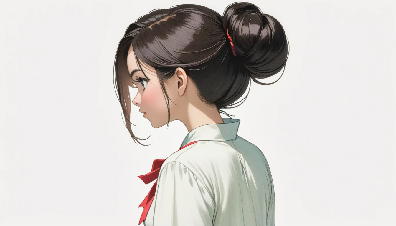 A 25-year-old Malaysian woman with dark hair is seen from behind, looking up. White background, hair tied above the neck. Colored pencil drawing. white blouse. From head to foot. Whole body.