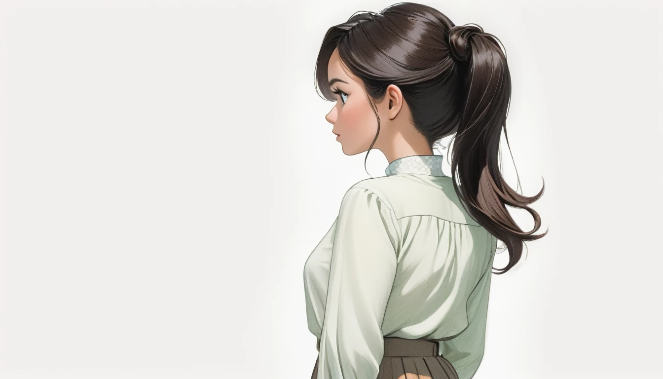A 25-year-old Malaysian woman with dark hair is seen from behind, looking up. White background, hair tied above the neck. Colored pencil drawing. white blouse. From head to foot. Whole body.