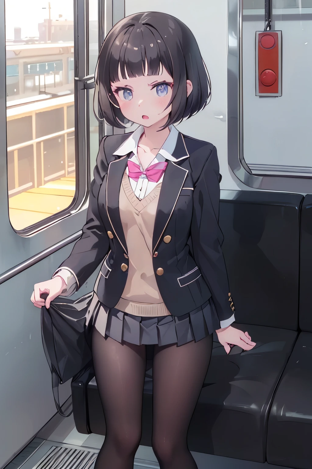 (8K、Highest quality、highest quality、masterpiece)、Detailed face、One girl、on the train、((Pressing her chest against the train window 1.4))、、short hair、、blunt bangs、Grey Eyes、、、((Blazer jacket uniform))、((Pleated skirt))、((No panties))、((bent over))、Back Alley Background、Very large breasts、Nipples are visible、、Black Pantyhose、Milk dripping from nippleilk spurting from the nipple、、Open your mouth、Troubled face、Love juice from the genitals、Full body portrait、Black Loafers、One man、Hearts in the eyes、Sex with a man、A man stands behind