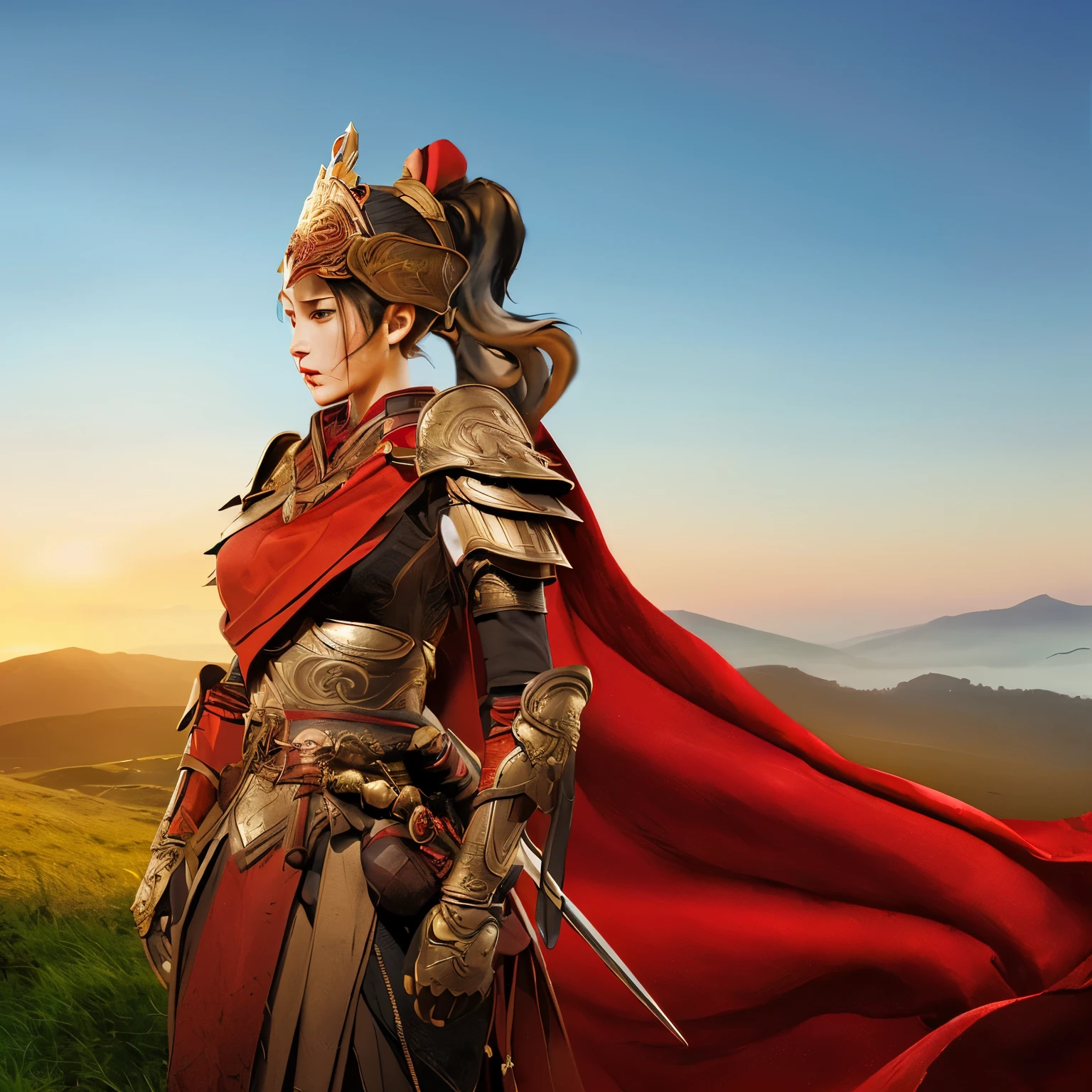 Female General，A firm look，Extremely detailed CG，masterpiece，Red cape，Sabre，Looking into the distance，Morning glow，grassland，Distant Mountains，elegant