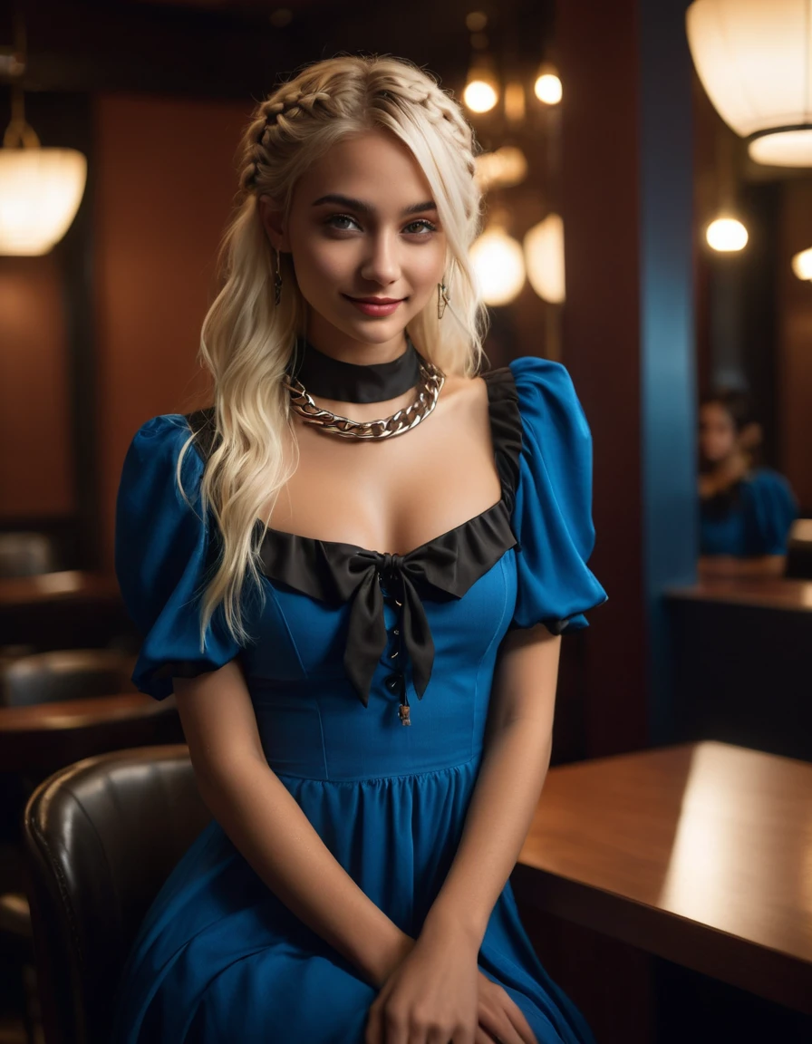 very attractive caucasian 25 year old girl with long platinum blonde hair, In this photograph, an Instagram female model takes center stage. , (highly detailed face:1.4) (smile:0.7) (backround 5 star hotel , moody, private study:1.OV, by lee jeffries, nikon d850, film stock photograph ,4 kodak portra 400 ,camera f1.6 lens ,rich colors ,hyper realistic ,lifelike texture, dramatic lighting , cinestill 800, realistic, wearing blue and black combination dobby weave self design fit & flare dress Sweetheart neck Short, puff sleeve Tie-up detail on back Above knee length in flounce hem Attached Lining Chiffon fabric, actress, karla ortiz, posing!!, candid picture, by Max Dauthendey,Completing the aesthetic, the model wears a slave collar with a chain around her neck. The photograph is meticulously captured in 8K resolution using cutting-edge techniques such as Cinema 4D and Octane Render, resulting in a highly detailed and photorealistic image. Studio lighting, HDR, and a smoky mist create a captivating ambiance, while the bokeh effect adds an artistic touch.