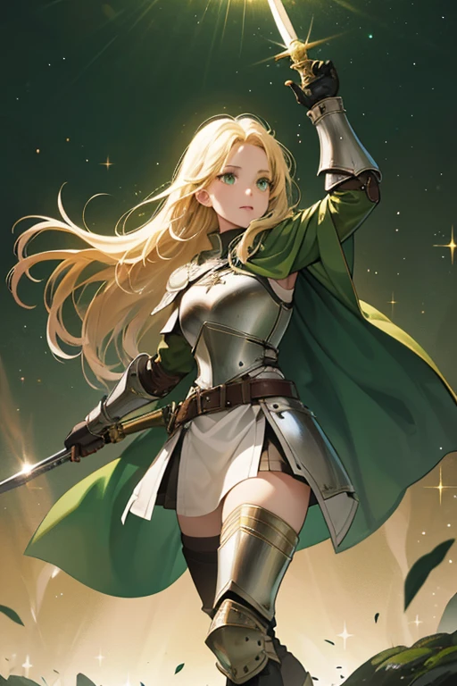 SHE has long blond hair, green eyes and wears plate armor and leather over a light tunic with leather boots and a green cloak. SHe carries around a sword. SPARKLE; GLITTER