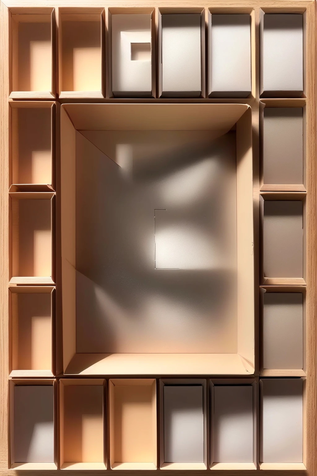 there is a Brown color Cardboard box picture of a square cardboard box shelf with a square design, Empty cardboard box, no contents inside the cardboard, inside a frame on a tiled wall, inspired by Rachel Whiteread, in a cardboard box. top down photo, top - view, layout frame, simple ceiling, rectangular piece of art, set photo, by Rachel Whiteread, inside its box, all inside frame, with everything in its place