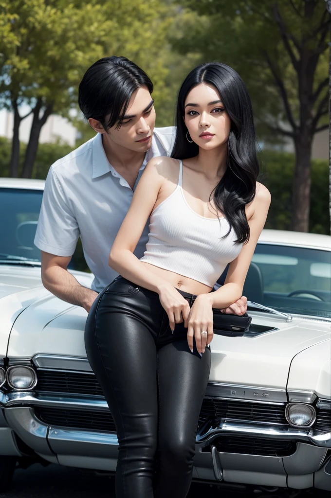 black haired couple in front of a black 67 impala