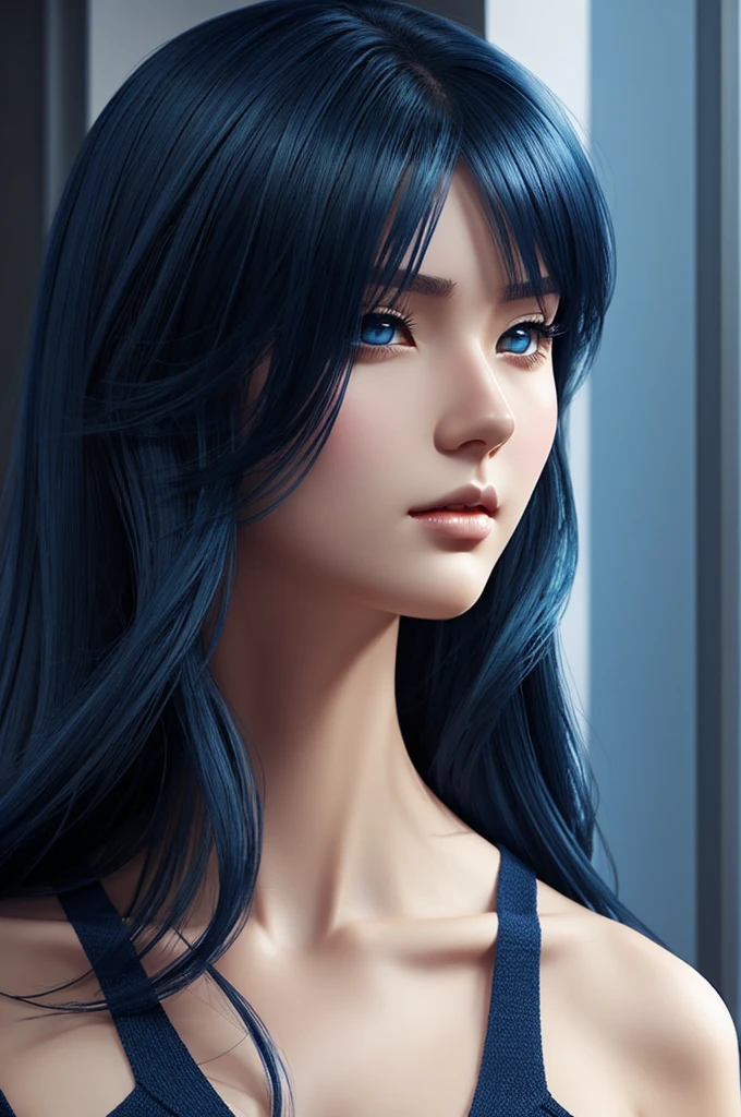Beautiful manwha gl style animated illustration of a girl with dark blue hair and dominant and determined blue eyes