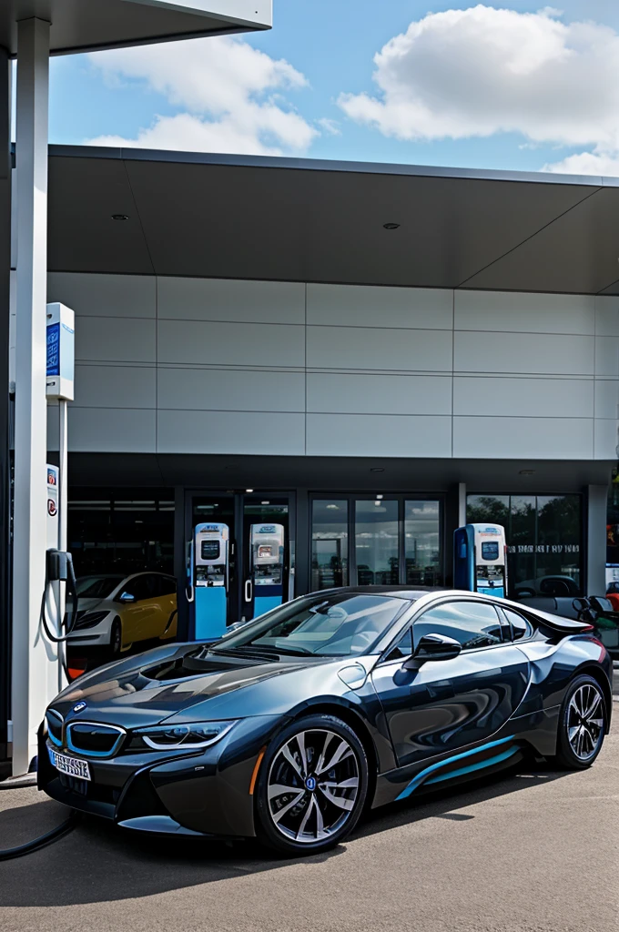 Bmw i8 park on the petrol station for refueling