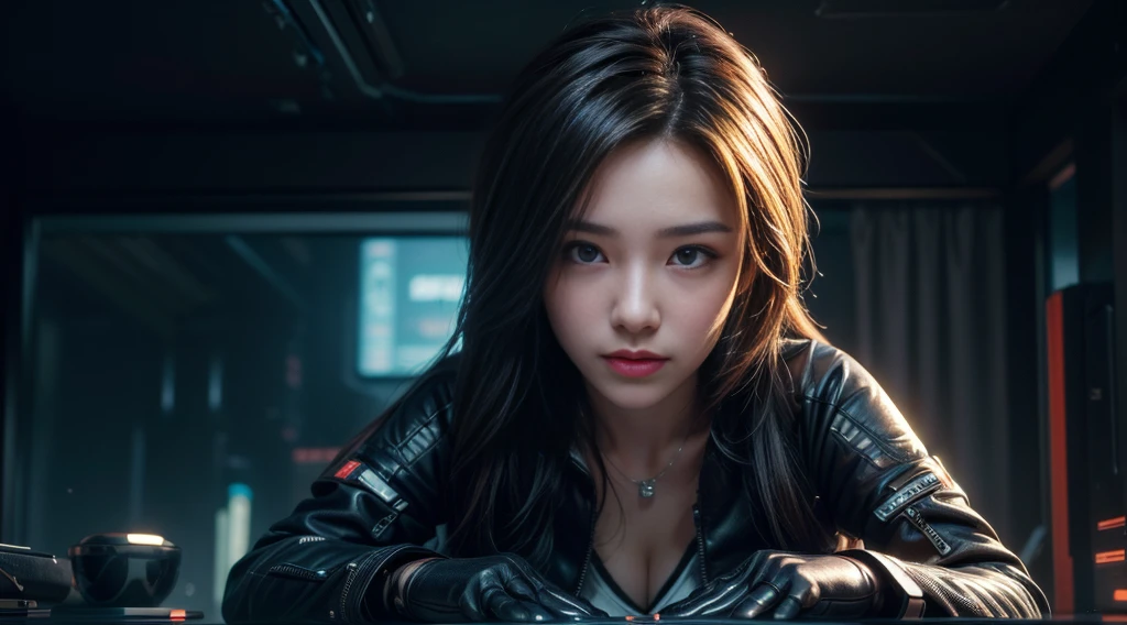 original photo, (best quality:1.3), high resolution, (masterpiece), (lifelike:1.4), Professional photography, Be focused, High Dynamic Range, 8k resolution, Intricate details, Fine details, Depth of Field, Extremely detailed CG unified 8k wallpaper, masterpiece，poster，best quality，Official Art，（Beauty and aesthetics：1.2），（masterpiece：1.3），woman，Single breast，Complex Mode，winter，Cyberpunk style city，semi-body photography，