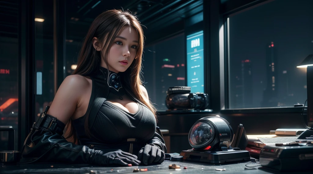 a portrait of a pretty young woman,GundamWingCockpit, futuristic, Science-Fiction, Plug suit, latex transparent, Gothic, Dark Lips, big boobs, alone, black hair, gloves, dutch angle, grin, Controls, joystick, holographic interface, Technologie, close up shot, glowing, Neon