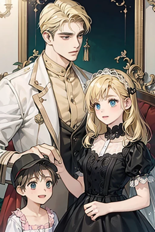 ((best quality)), ((masterpiece)), (detailed), perfect face of Family with 2 kids 1 girl 1 boy  , dad blonde hair and mom black hair