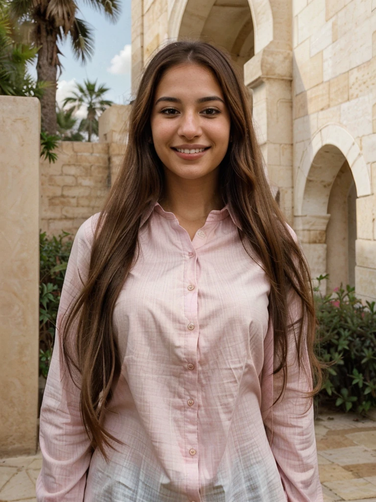 very high resolution, realistic Arab women, pink shirt, white teethes, cute smile, long brown hair, Jordan background, realistic  details , modest