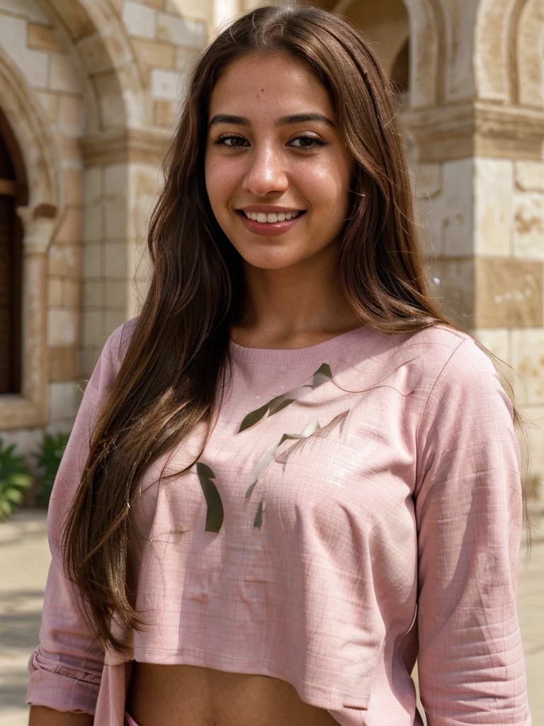 very high resolution, realistic Arab women, pink shirt, white teethes, cute smile, long brown hair, Jordan background, realistic facial details , modest