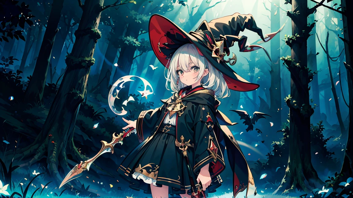 (masterpiece), best quality, Very detailed, A Magus girl with white hair holdding a magical sickle, Witch Hat, Huge Horn, Ruffled skirt, Red and black clothing, sickle, Magic Light, The background is a dark forest