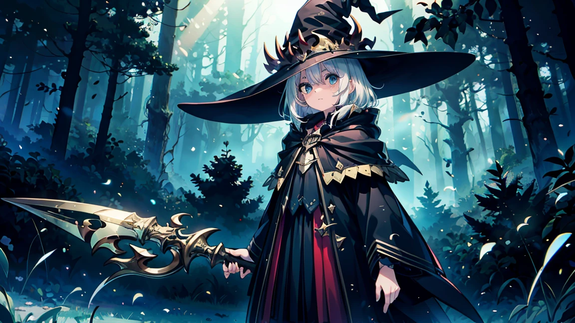 (masterpiece), best quality, Very detailed, A Magus girl with white hair holdding a magical sickle, Witch Hat, Huge Horn, Ruffled skirt, Red and black clothing, sickle, Magic Light, The background is a dark forest