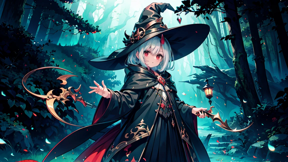 (masterpiece), best quality, Very detailed, A Magus girl with white hair holdding a magical sickle, Witch Hat, Huge Horn, Ruffled skirt, Red and black clothing, sickle, Magic Light, The background is a dark forest