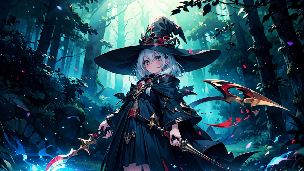 (masterpiece), best quality, Very detailed, A Magus girl with white hair holdding a magical sickle, Witch Hat, Huge Horn, Ruffled skirt, Red and black clothing, sickle, Magic Light, The background is a dark forest